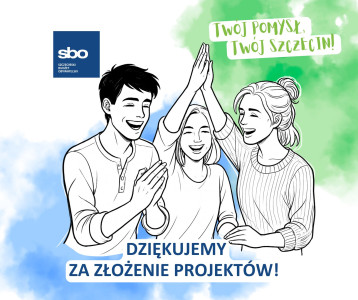Obrazek z napisem: "Dziękujemy za złożenie projektów". Na drugim planie szczęśliwa grupa przyjaciół.