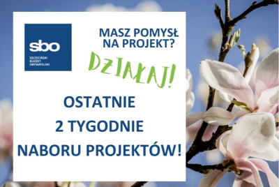 Na obrazku widnieje plansza z napisem "Szczeciński Budżet Obywatelski. Ostatnie 2 tygodnie naboru projektów! Masz pomysł na projekt? Działaj!". W tle widać kwiaty magnolii.