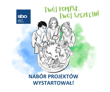 Grafika przedstawia chłopaka i dwie dziewczyny. Szkicowane postaci są pochylone nad makietą miasta, na której układają elementy krajobrazu. Nad ich głowami widnieje napis "Twój pomysł, Twój Szczecin!"