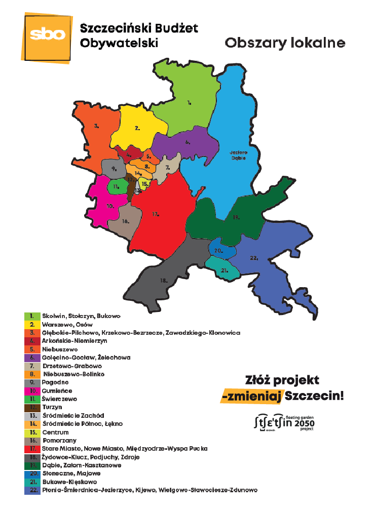 Grafika przedstawia mapę z podziałem miasta na obszary lokalne na potrzeby SBO. Podział ten został opisany w zakładce pula środków