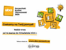 Grafika promująca zgłaszanie projektów w ramach Szczecińskiego Budżetu Obywatelskiego 2024. W jej centralnej części widnieje napis "Czekamy na Twój pomysł!"