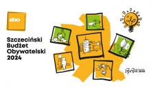 Grafika przedstawia sześć prostokątów, w których umieszczone są przykładowe pomysły SBO, obok żółta żarówka oraz logo Szczecińskiego Budżetu Obywatelskiego