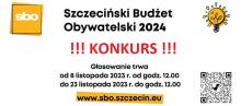 Grafika z logo Szczecińskiego Budżetu Obuwatelskiego. Informacja o terminie głosowania, które trwa od 8 listopada 2023 r. od godziny 12:00 do 23 listopada do godziny 12:00. Na grafice duży czerwony napis KONKURS